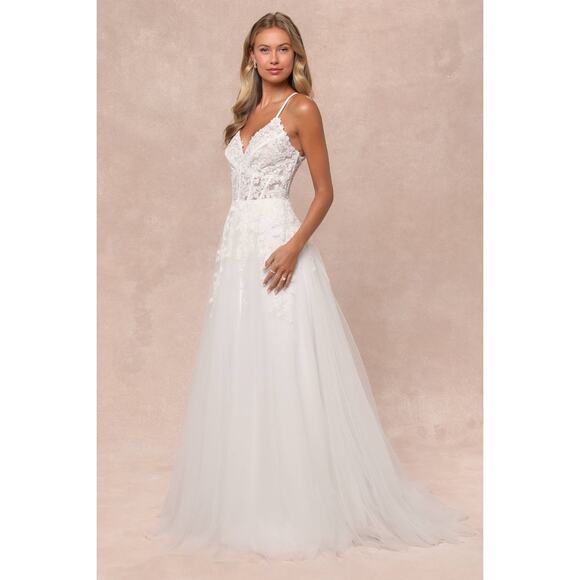 Lulus Bridal NWT Glorious Luxury White Sheer Tulle Embroidered Beaded Maxi Gown - Picture 1 of 10